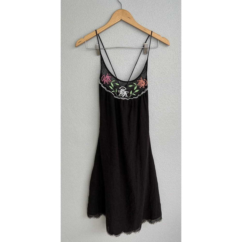 VTG Sweetees Embroidered Floral Black Zip Up Dress Boho Womens Size 8